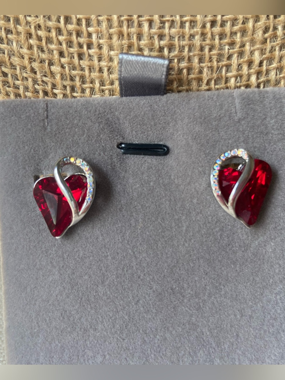 Red Heart Crystal Stud Earrings - Sparkling Silver Accent